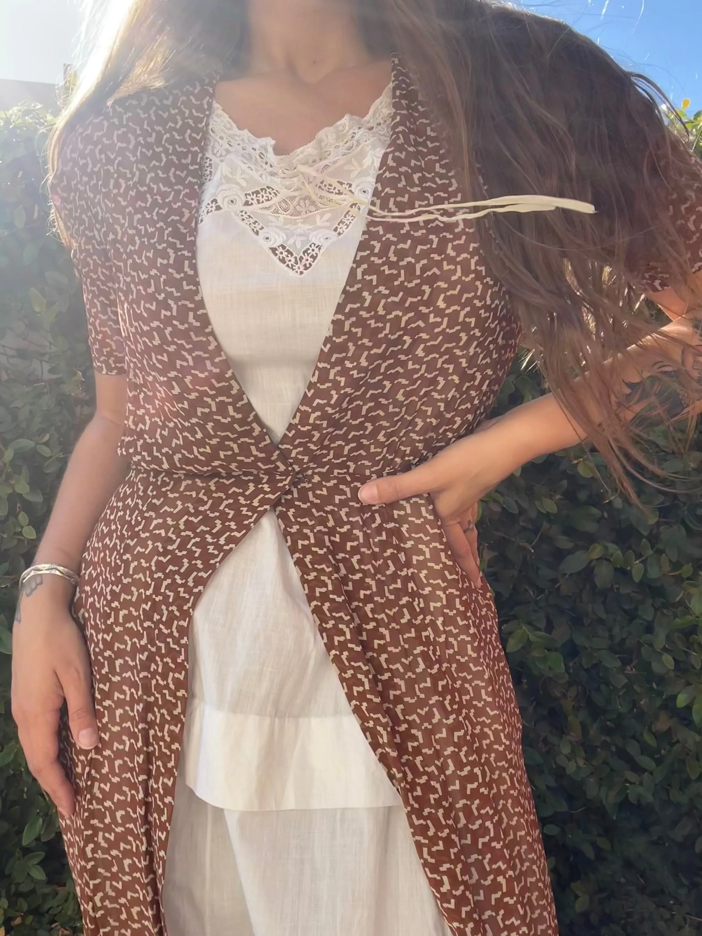 1930s Printed Chocolate Brown Chiffon Over Dress