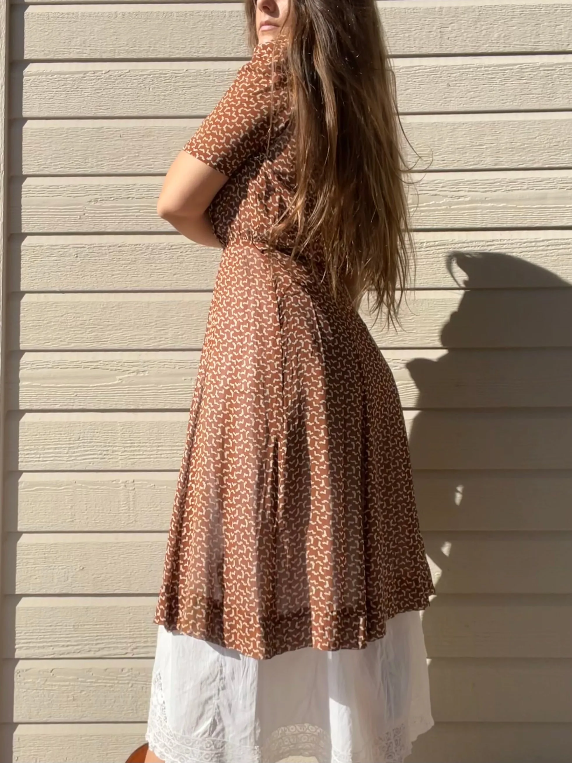 1930s Printed Chocolate Brown Chiffon Over Dress
