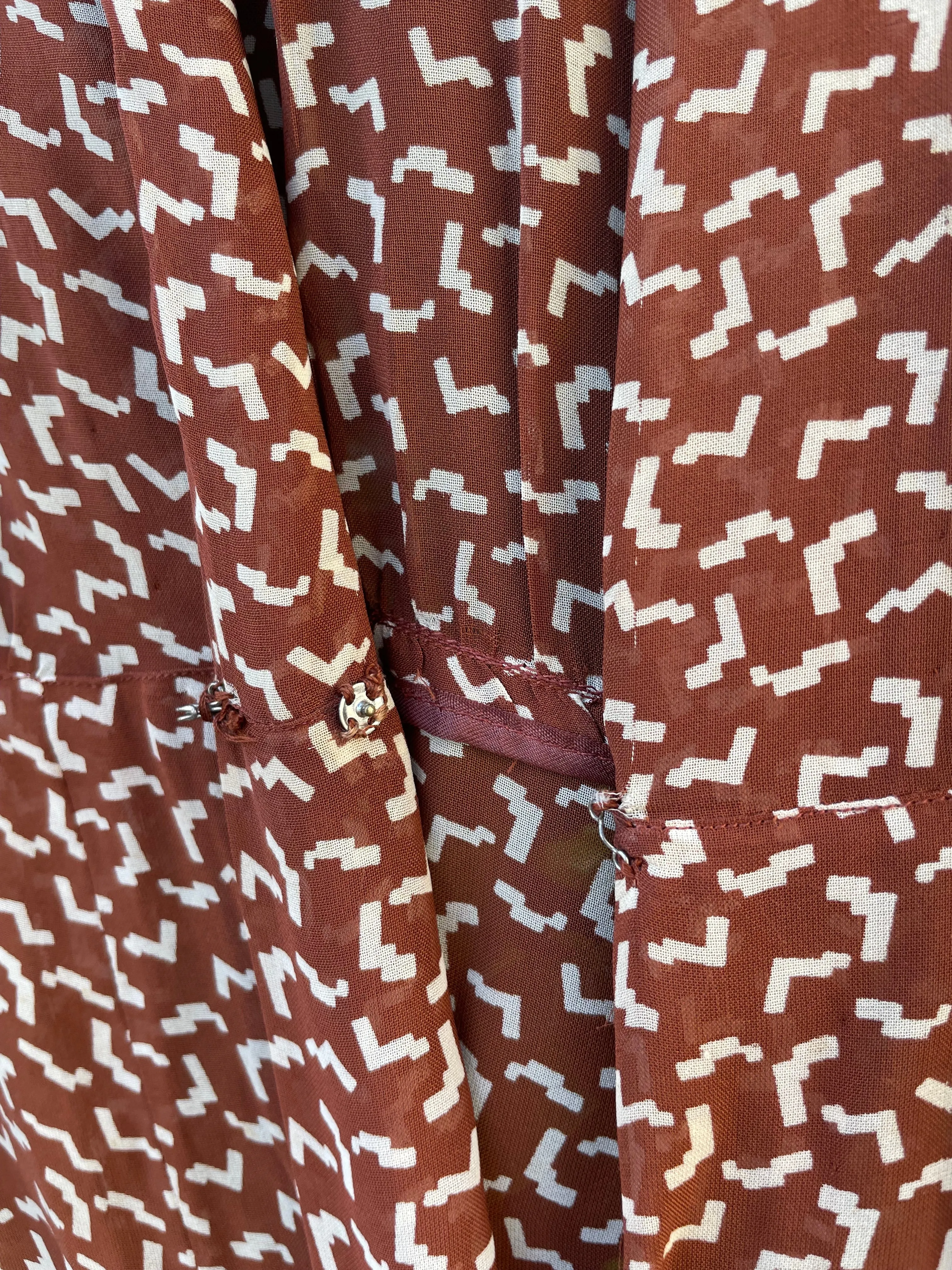 1930s Printed Chocolate Brown Chiffon Over Dress