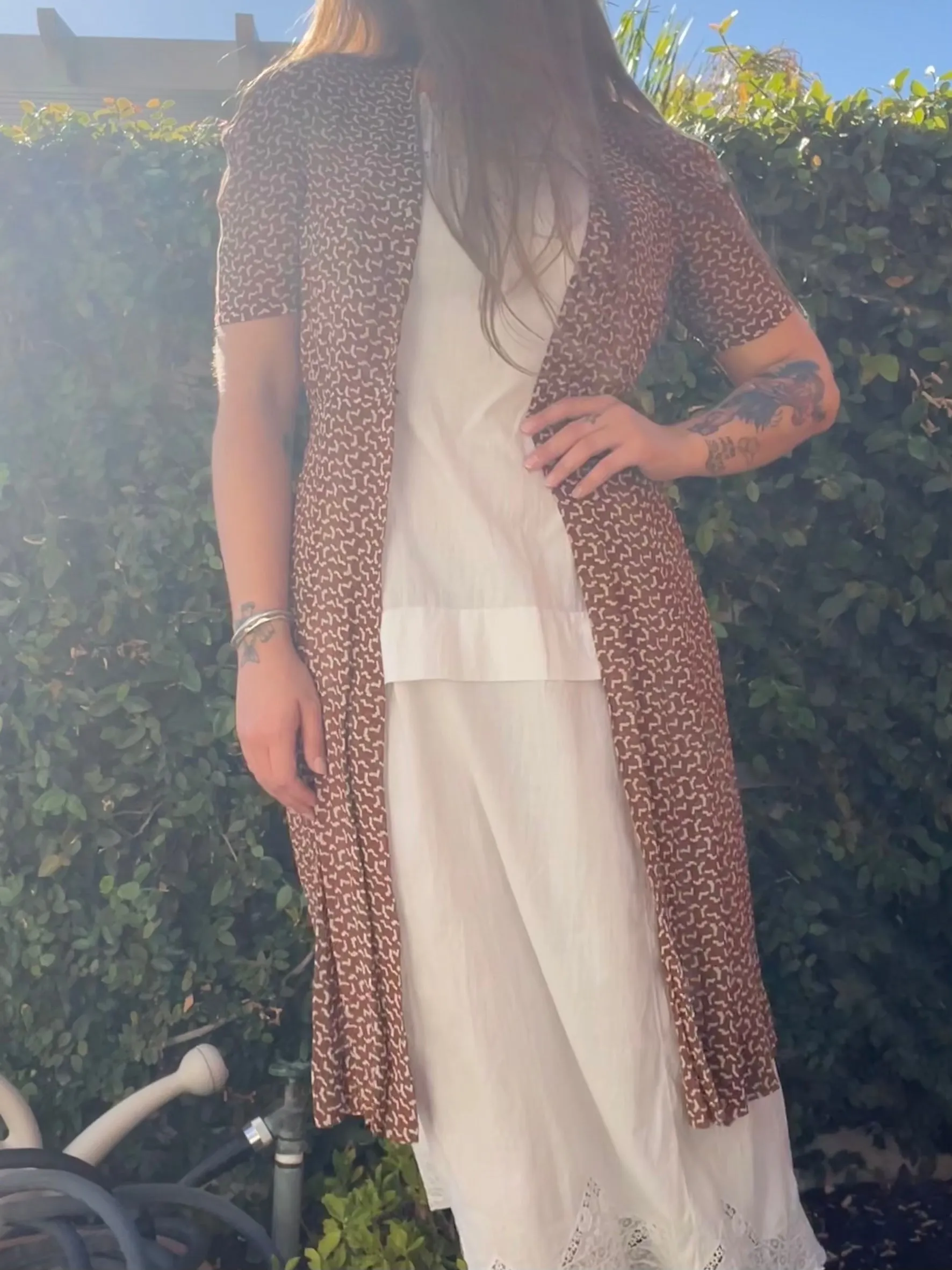 1930s Printed Chocolate Brown Chiffon Over Dress