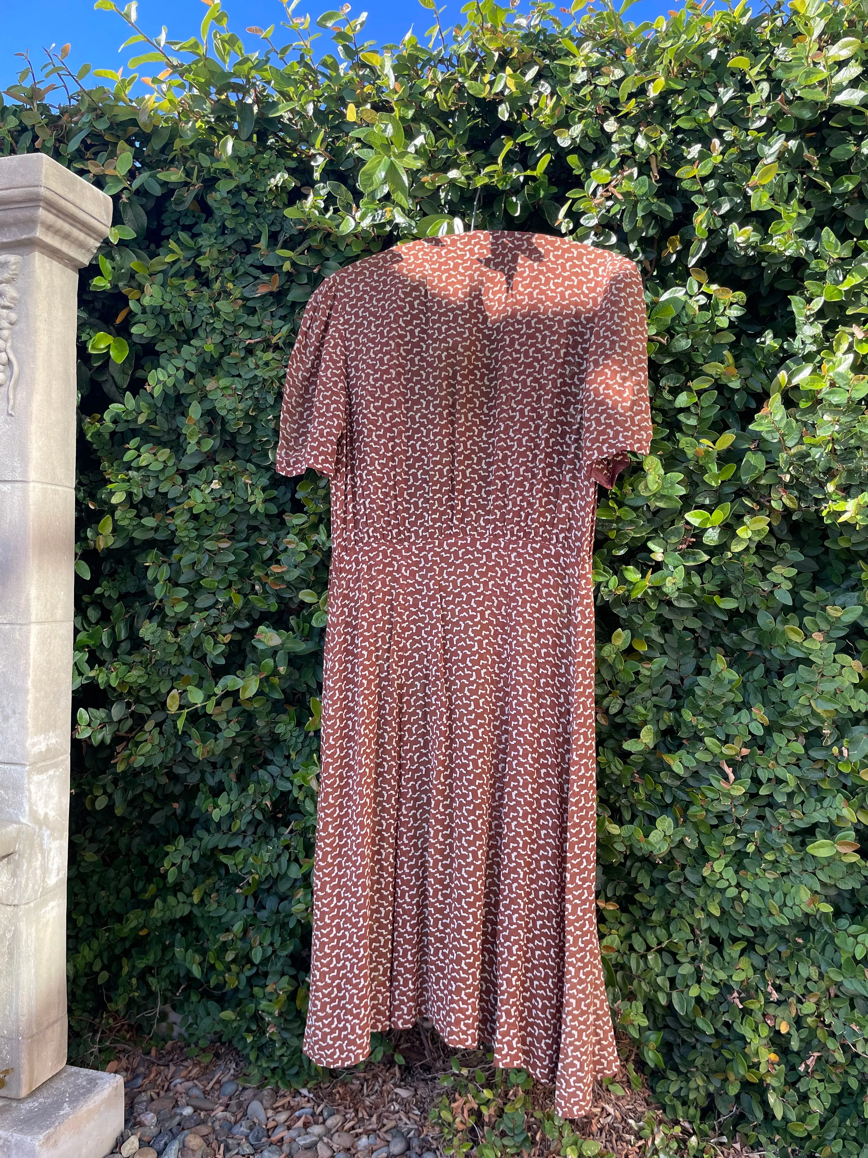1930s Printed Chocolate Brown Chiffon Over Dress