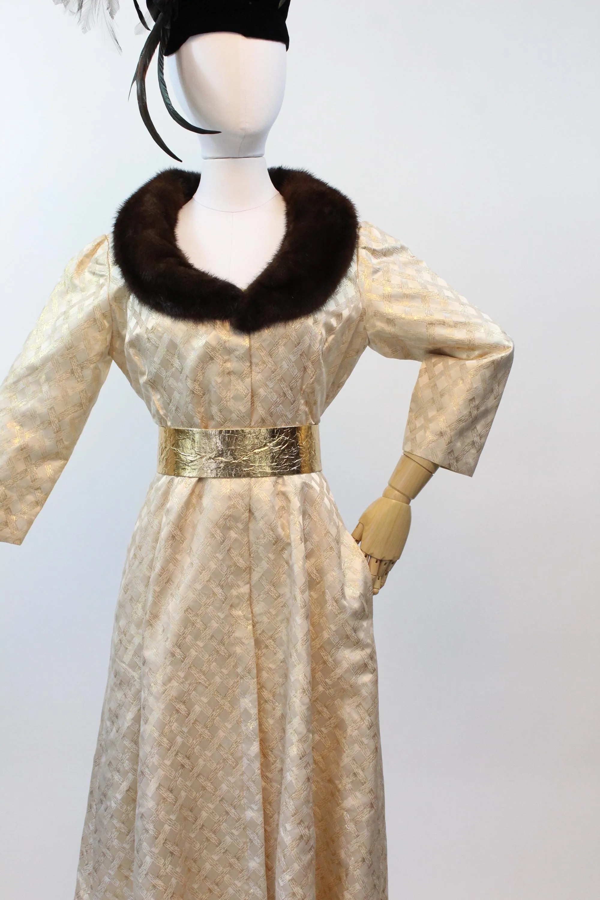 1960s I MAGNIN GOLD metallic MINK gown dress robe | new fall winter