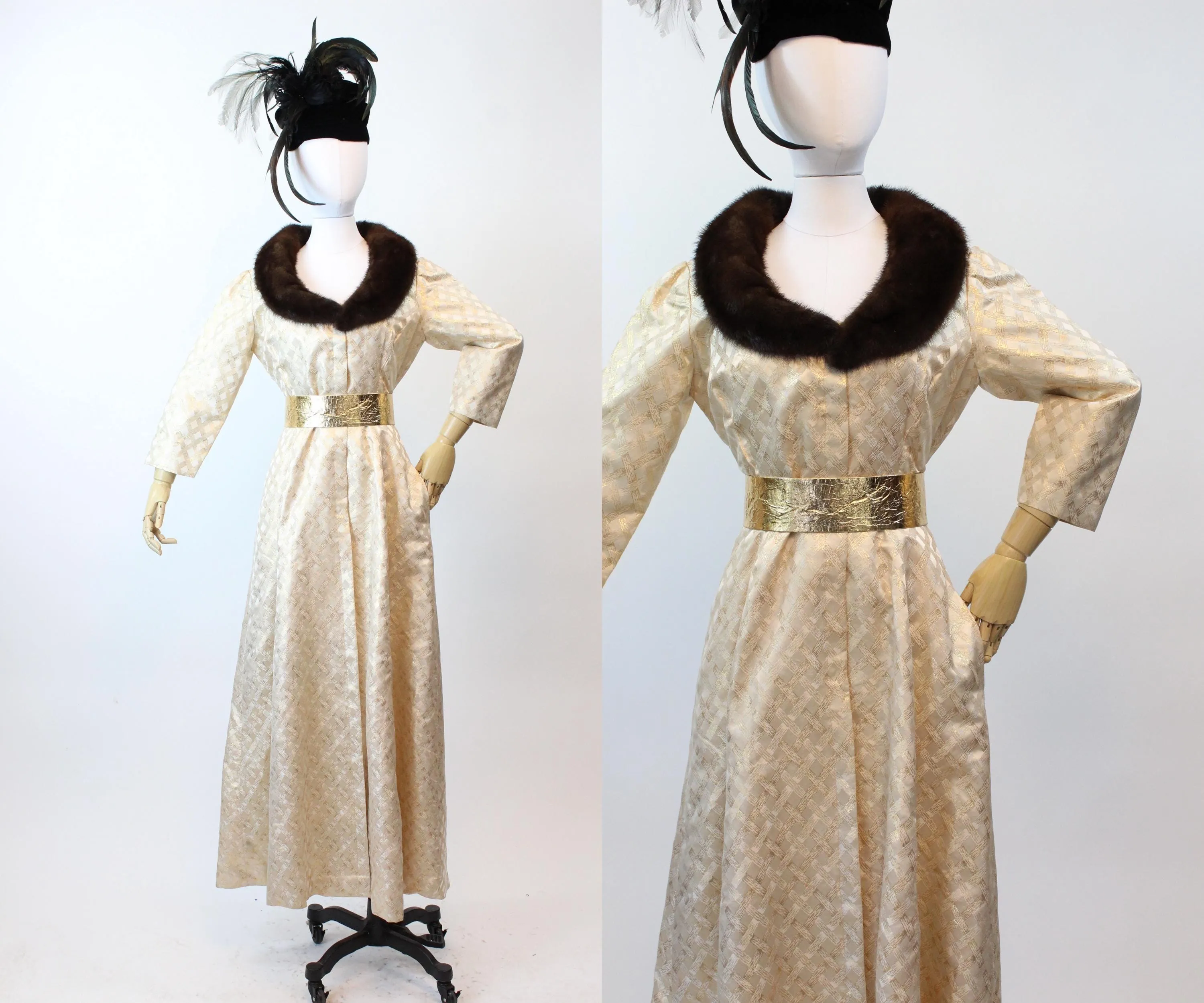 1960s I MAGNIN GOLD metallic MINK gown dress robe | new fall winter