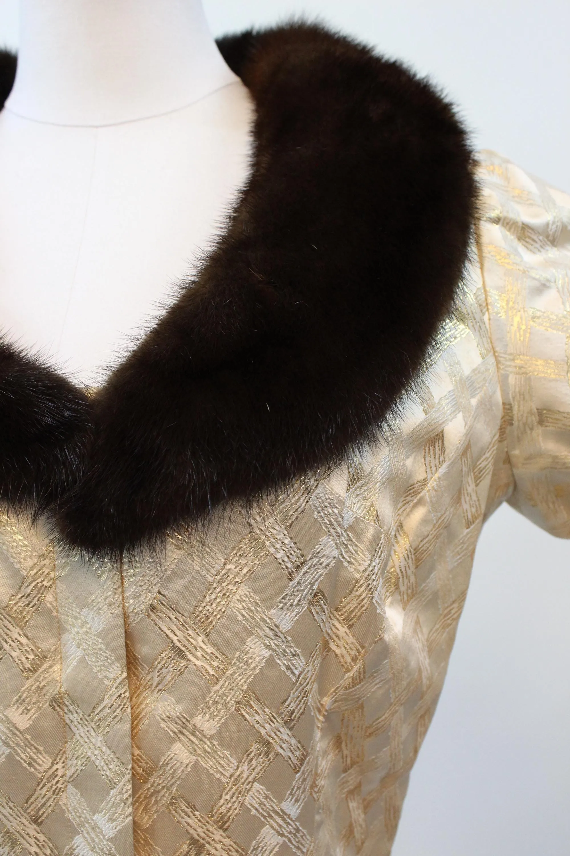 1960s I MAGNIN GOLD metallic MINK gown dress robe | new fall winter