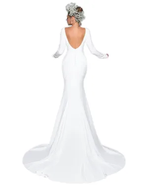 2020 Simple Long Sleeve Wedding Dresses Silk Satin Backless Mermaid Wedding Gown