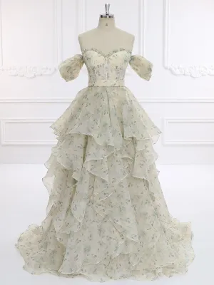 30cm Train Short Sleeevs Printing Floral Colored Wedding Dresses Photo Shoots Dress YW231125-1