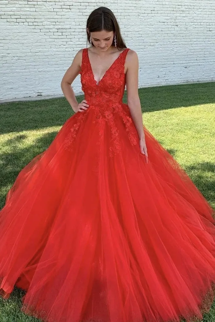 A Line 2025 Red Prom Dresses Lace V Neck Long Graduation 16 Dresses