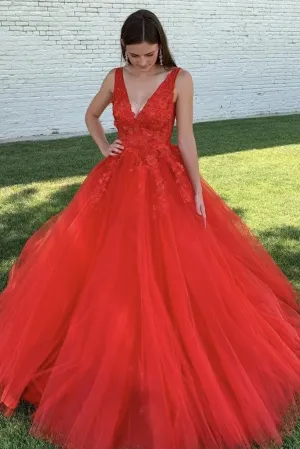 A Line 2025 Red Prom Dresses Lace V Neck Long Graduation 16 Dresses