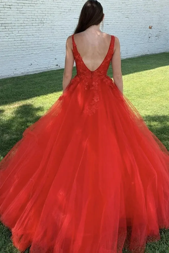 A Line 2025 Red Prom Dresses Lace V Neck Long Graduation 16 Dresses