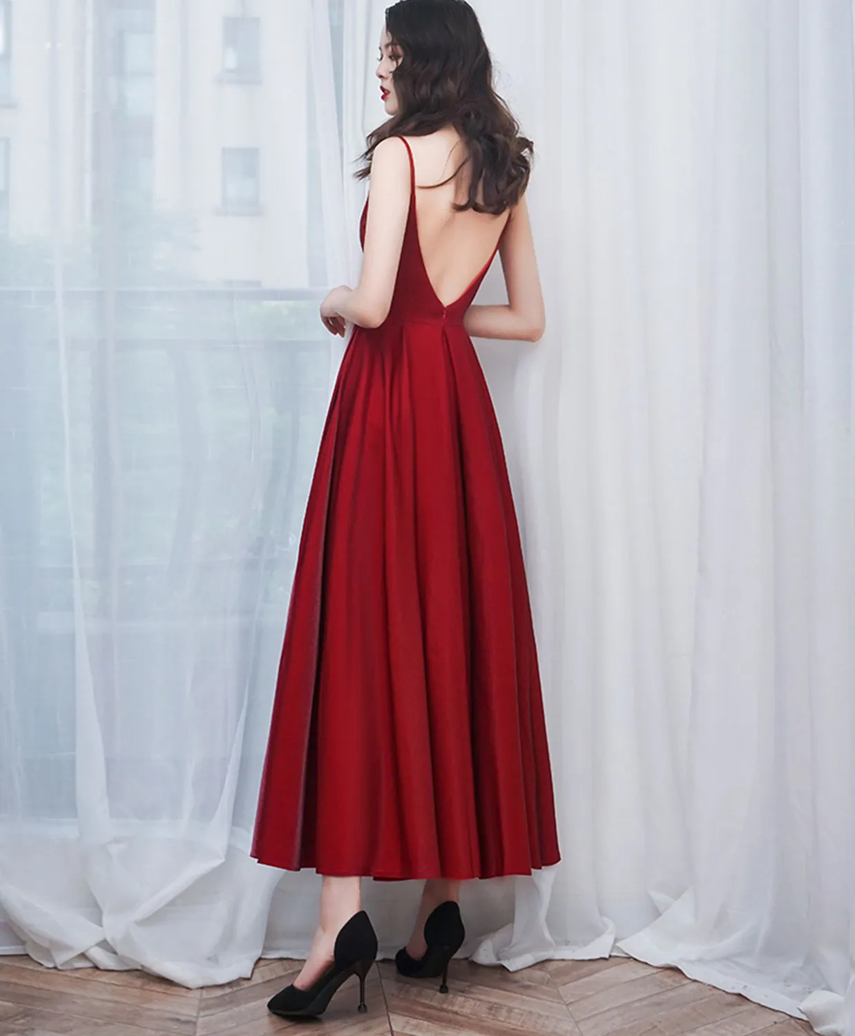 A-Line Burgundy Long Prom Dresses, Burgundy Formal Graduation Dresses