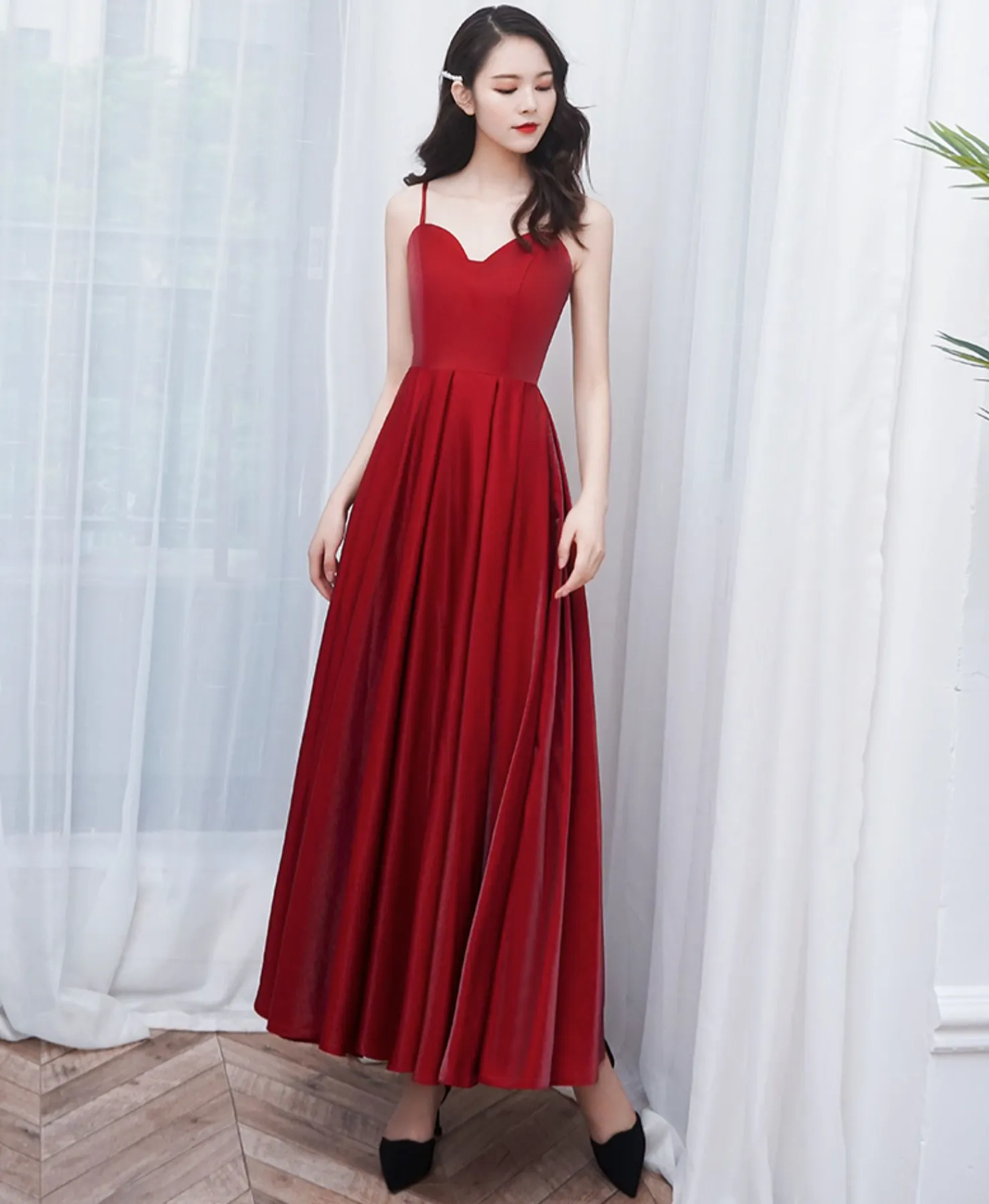A-Line Burgundy Long Prom Dresses, Burgundy Formal Graduation Dresses