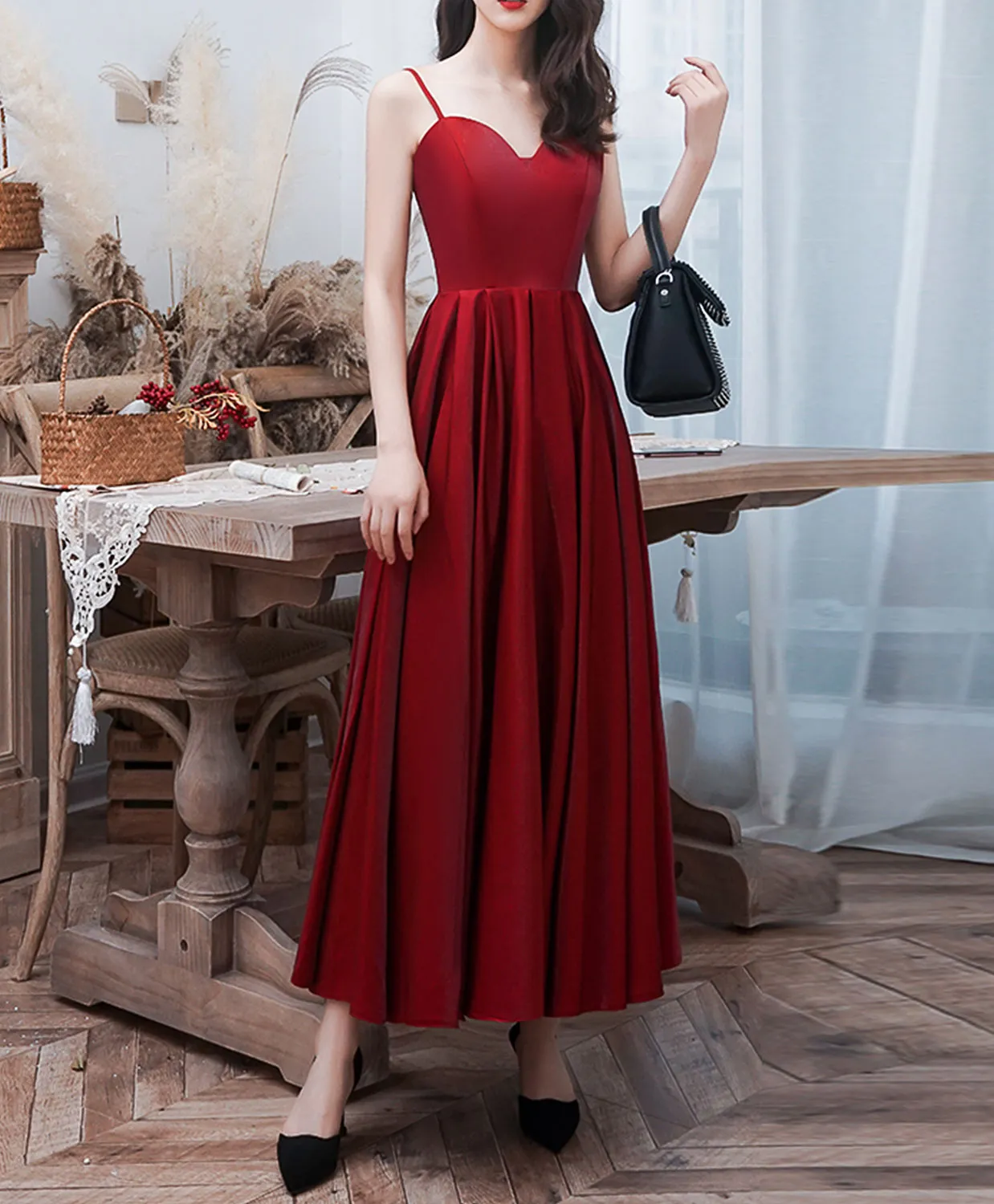 A-Line Burgundy Long Prom Dresses, Burgundy Formal Graduation Dresses