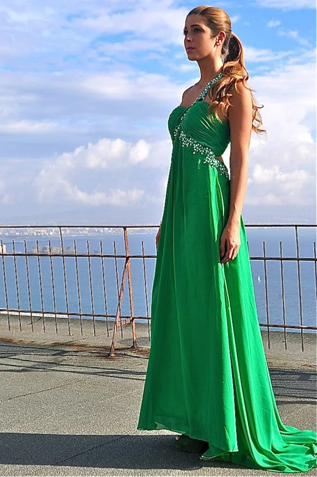 A-line One-shoulder Floor Length Chiffon Applique Backless Evening Dress