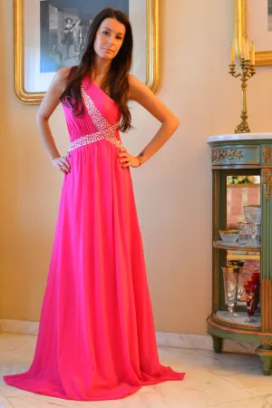 A-line One-shoulder Floor Length Chiffon Rhinestone Prom Dress