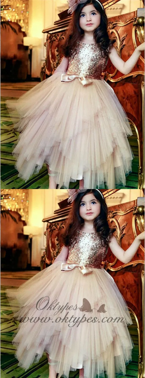 A-Line Round Neck Gold Tulle Flower Girl Dresses with Sequins&Bow Knot, TYP1330
