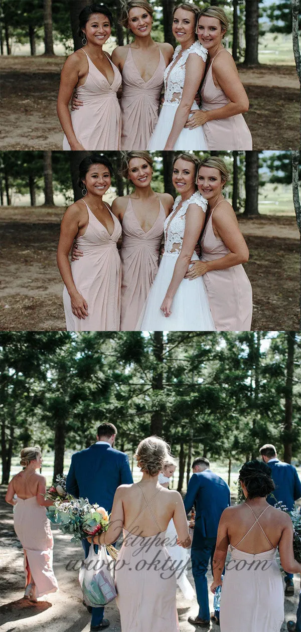 A-Line Spaghetti Straps Blush Pink Long Bridesmaid Dresses with Split, TYP1553