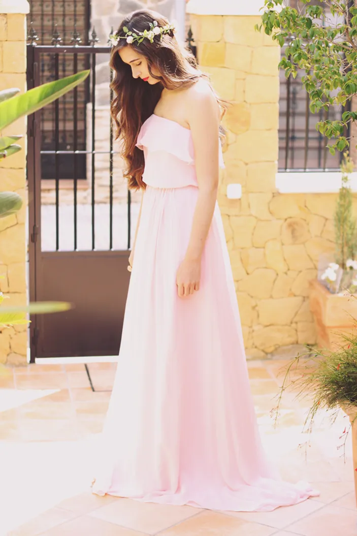 A-line Strapless Floor Length Chiffon Front Slit Prom Dress