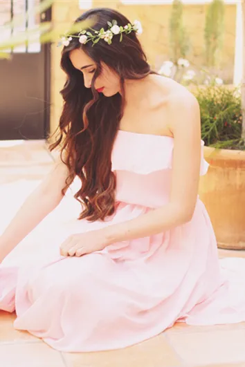 A-line Strapless Floor Length Chiffon Front Slit Prom Dress