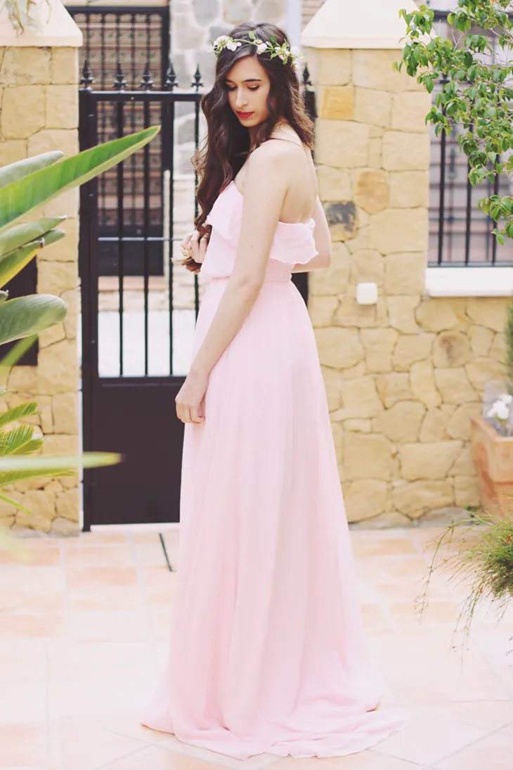 A-line Strapless Floor Length Chiffon Front Slit Prom Dress