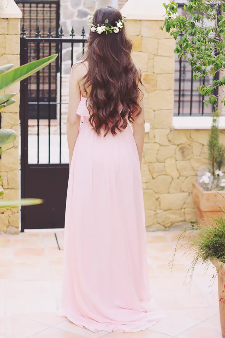 A-line Strapless Floor Length Chiffon Front Slit Prom Dress