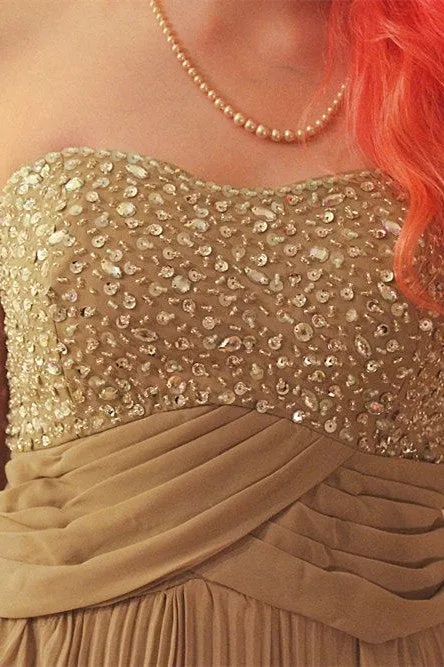 A-line Sweetheart Floor Length Chiffon Rhinestone Backless Prom Dress