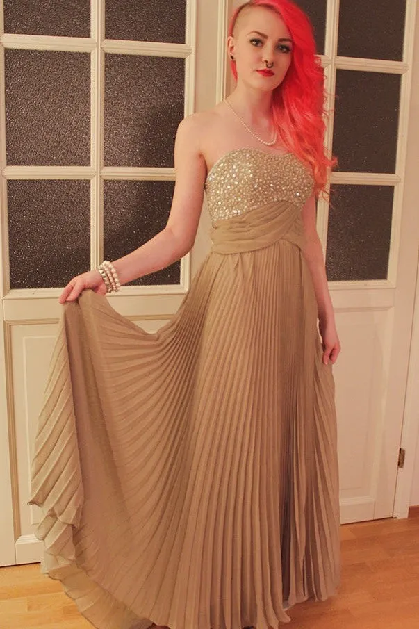 A-line Sweetheart Floor Length Chiffon Rhinestone Backless Prom Dress