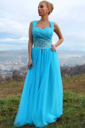 A-line Sweetheart Wide Strap Floor Length Chiffon Rhinestone Prom Dress