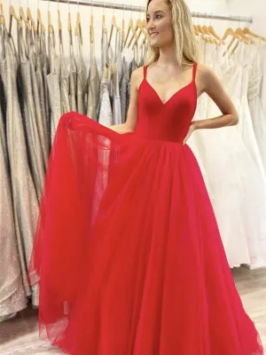 A Line V Neck Red Chiffon Long Prom, Red Long Formal Graduation Evening