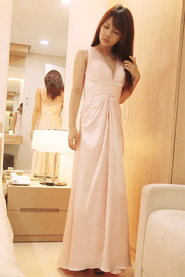 A-line Wide Strap V-neck Floor Length Chiffon Beaded Prom Dress