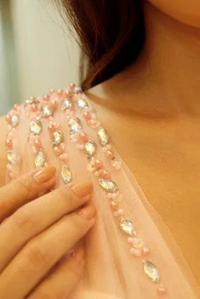 A-line Wide Strap V-neck Floor Length Chiffon Beaded Prom Dress