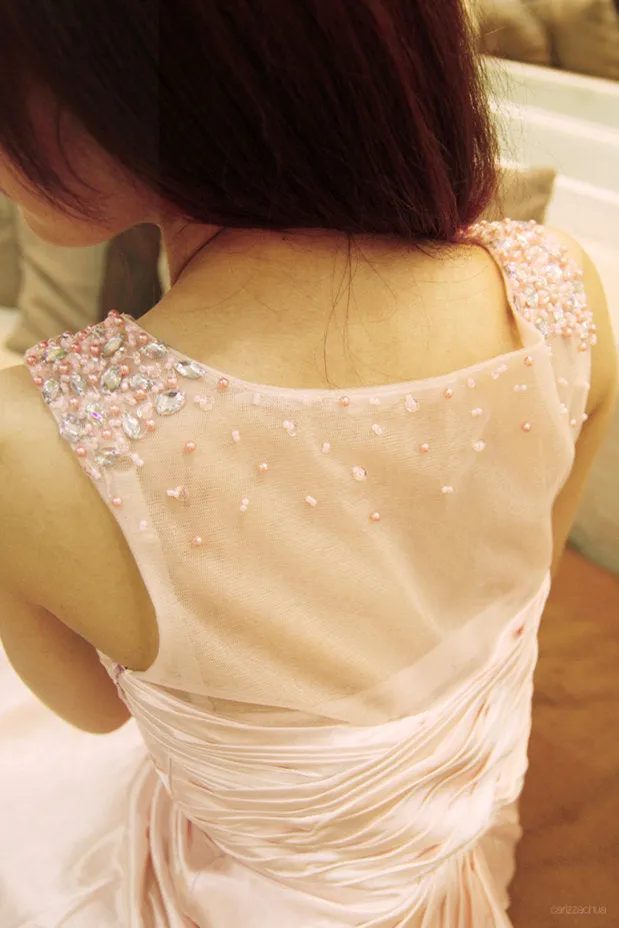 A-line Wide Strap V-neck Floor Length Chiffon Beaded Prom Dress