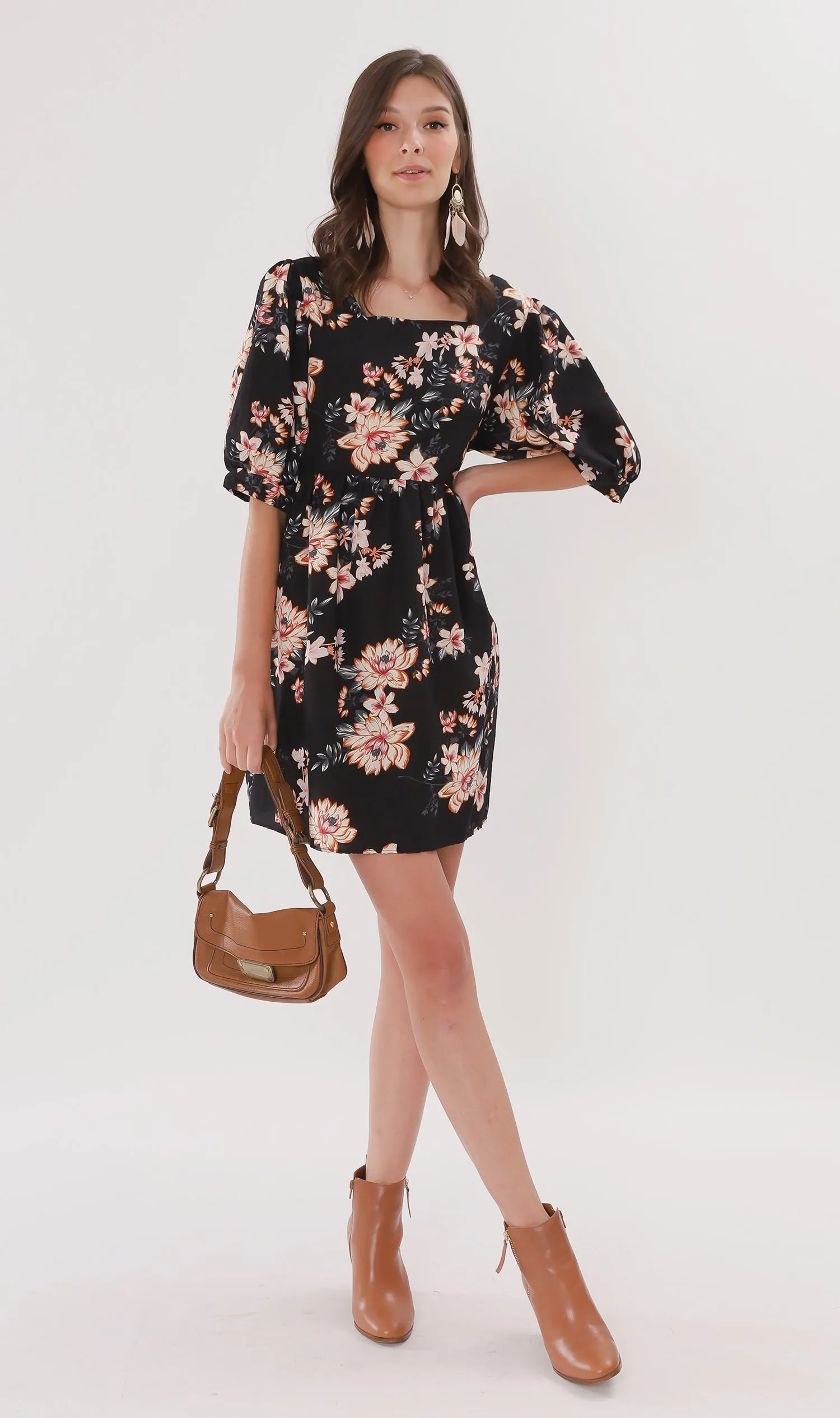ALINA Floral-Print Puff-Sleeve Dress (Black)