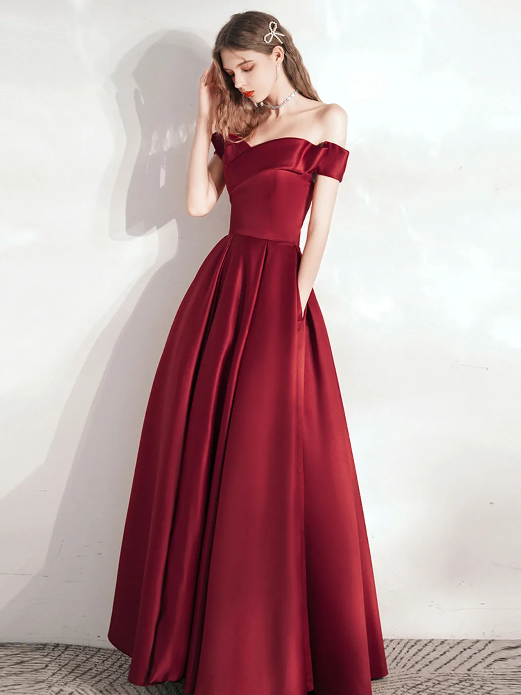 Aline Off Shoulder Burgundy Long Prom Dresses, Burgundy Long Formal Bridesmaid Dresses