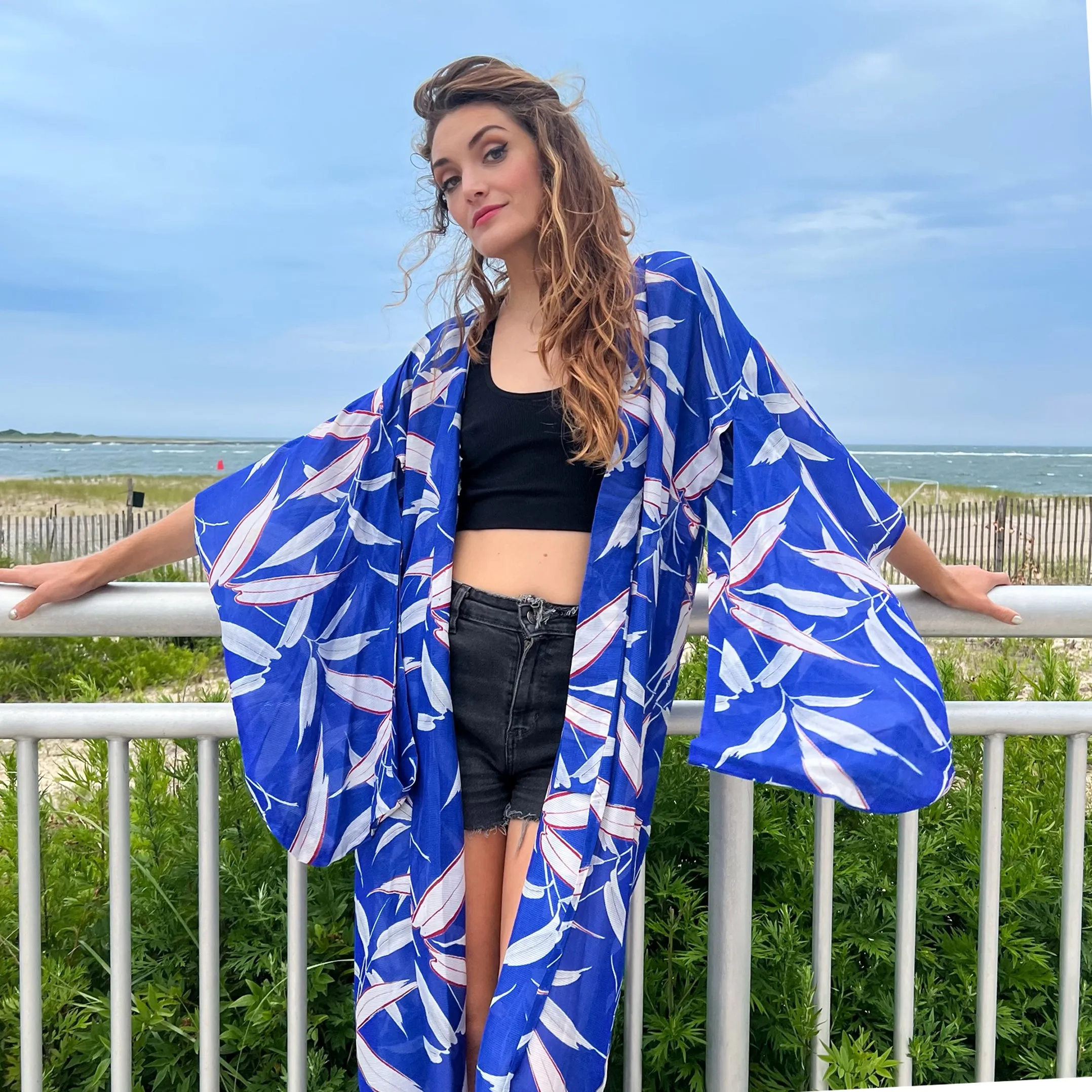 Bamboo Leaf Blue Summer Silk Kimono