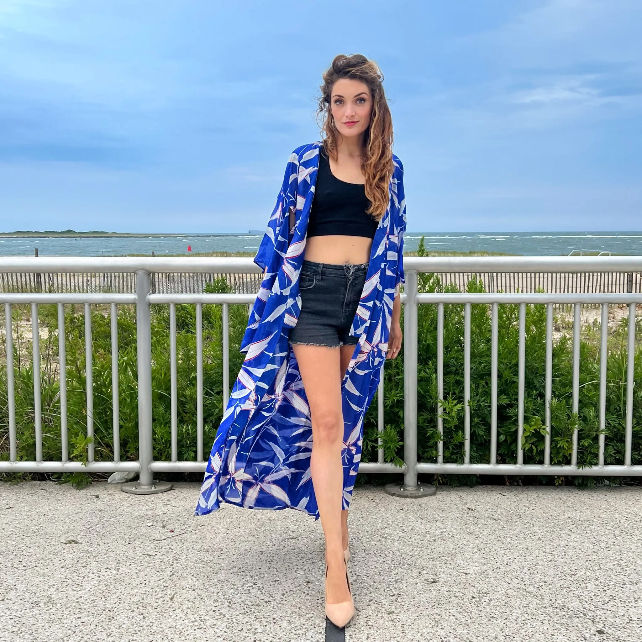 Bamboo Leaf Blue Summer Silk Kimono