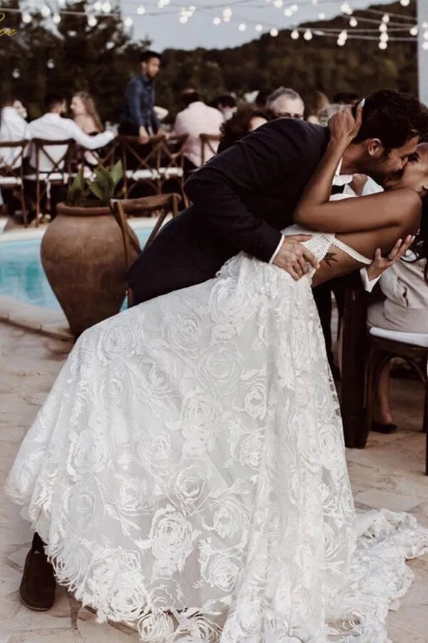 Beautiful A-line V-neck Lace Straps Long Wedding Dresses, Bridal Dress, MW523