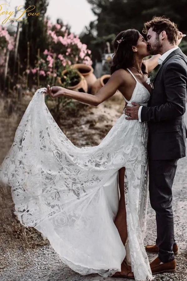 Beautiful A-line V-neck Lace Straps Long Wedding Dresses, Bridal Dress, MW523