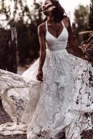 Beautiful A-line V-neck Lace Straps Long Wedding Dresses, Bridal Dress, MW523