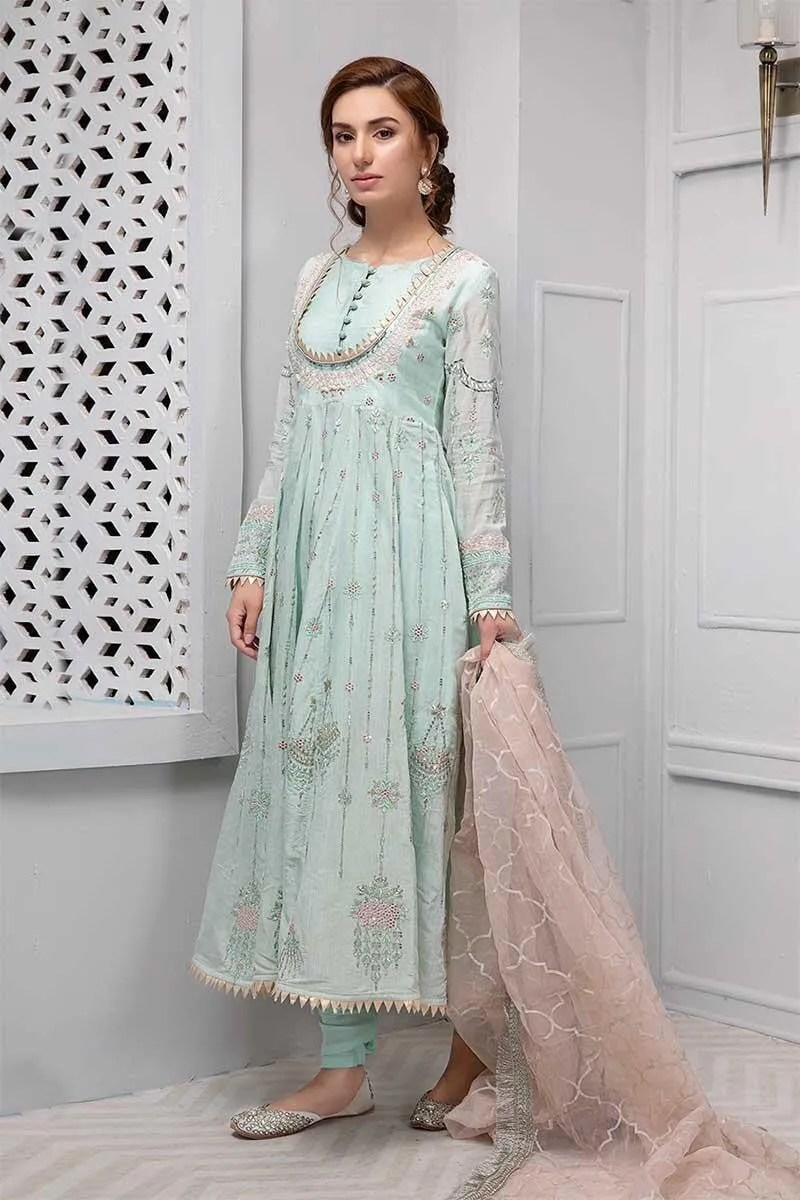 Beautiful designer dress nicely embroidered in light pistachio color # P2221