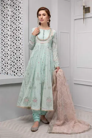 Beautiful designer dress nicely embroidered in light pistachio color # P2221