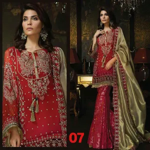 Beautiful dress in chiffon by Ayra in red and golden color Model # C 1128