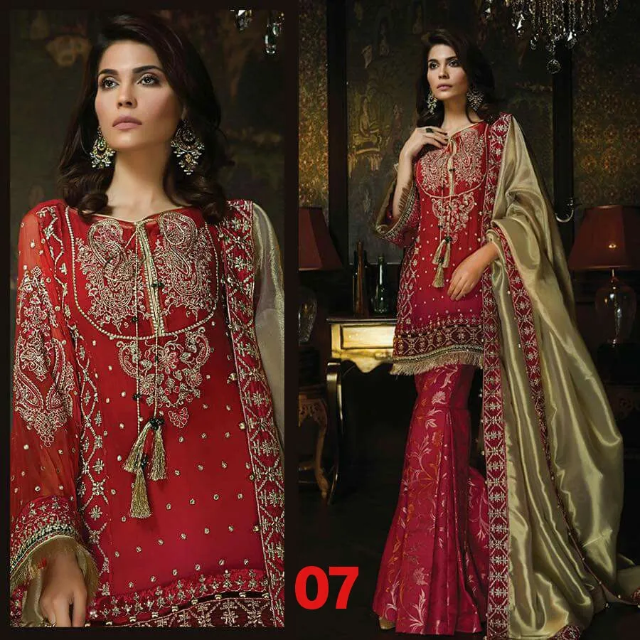 Beautiful dress in chiffon by Ayra in red and golden color Model # C 1128