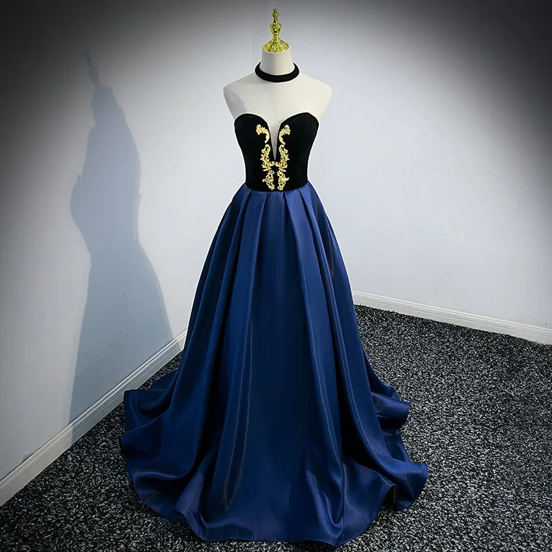 Beautiful Navy Blue Satin Halter Long Party Dress, Satin with Velvet Prom Dress
