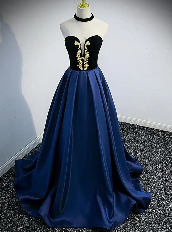 Beautiful Navy Blue Satin Halter Long Party Dress, Satin with Velvet Prom Dress