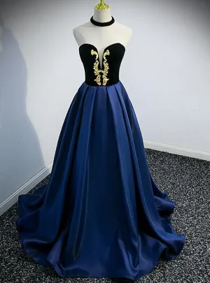 Beautiful Navy Blue Satin Halter Long Party Dress, Satin with Velvet Prom Dress