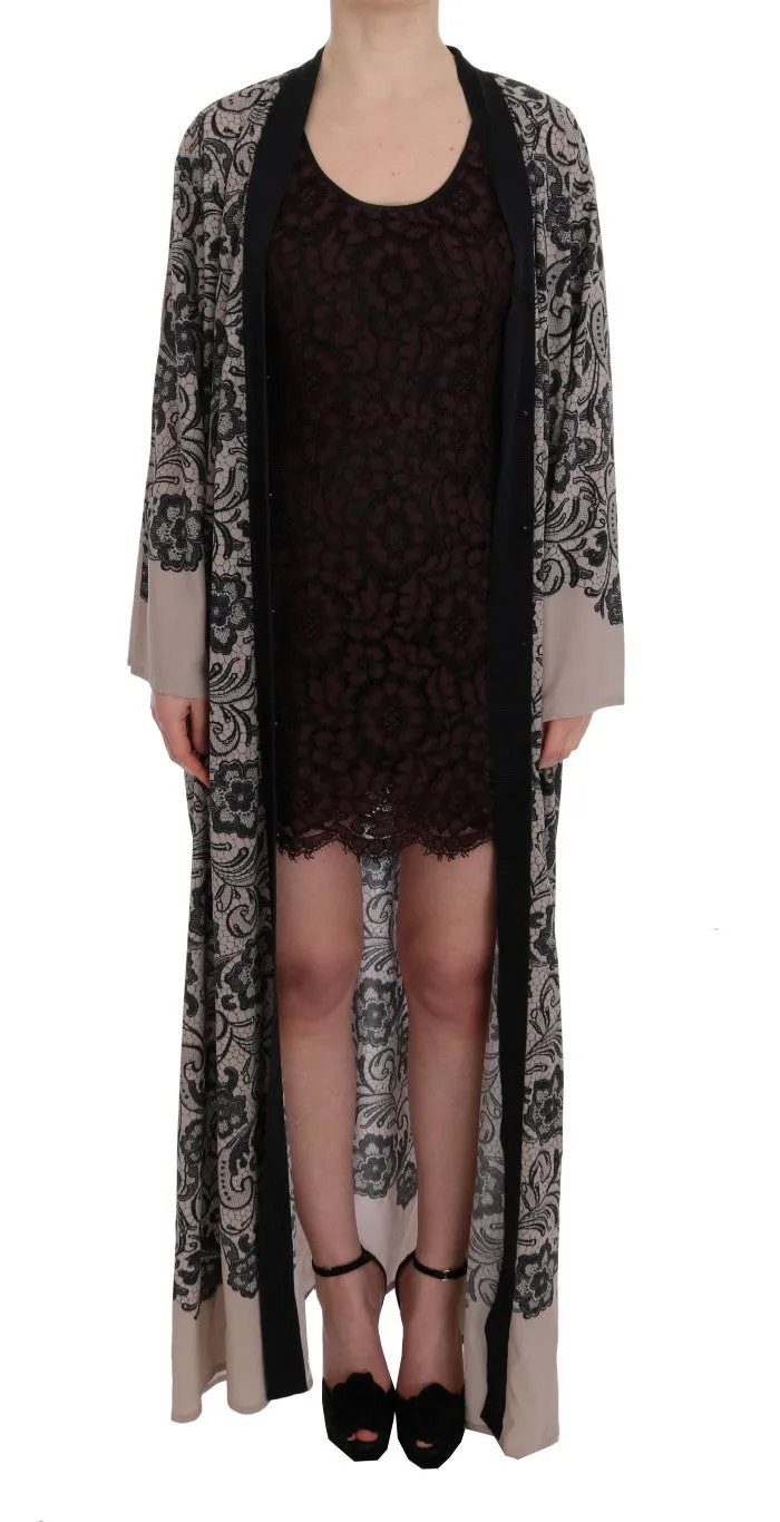 Beige Black Lace Silk Gown Dress