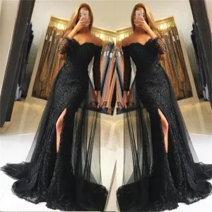 Black Lace Tulle Newest Mermaid Prom Dress, Long Sleeves Prom Dresses, Evening Dress, PD0443