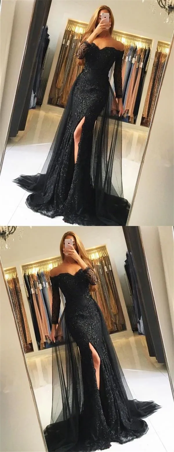 Black Lace Tulle Newest Mermaid Prom Dress, Long Sleeves Prom Dresses, Evening Dress, PD0443