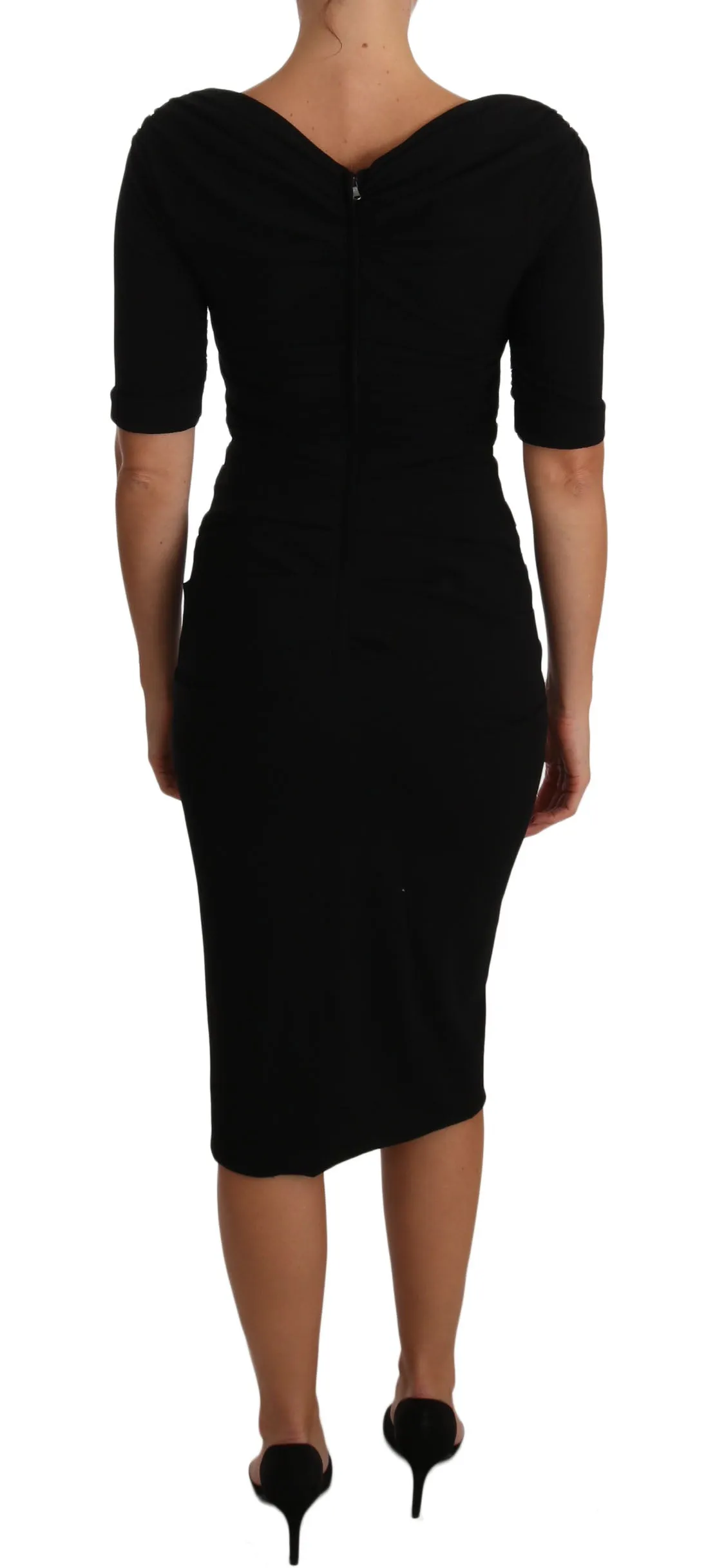 Black Ruched Wool Gown Stretch Dress