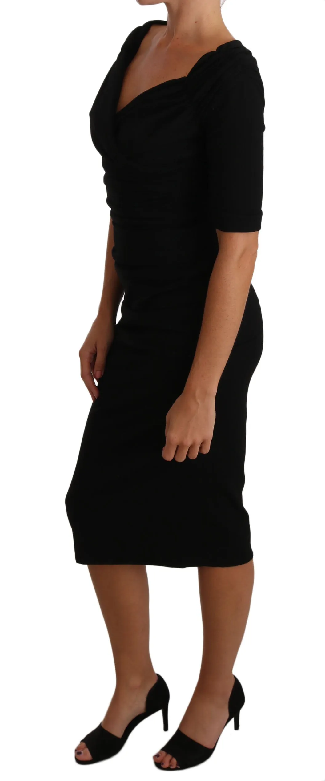 Black Ruched Wool Gown Stretch Dress